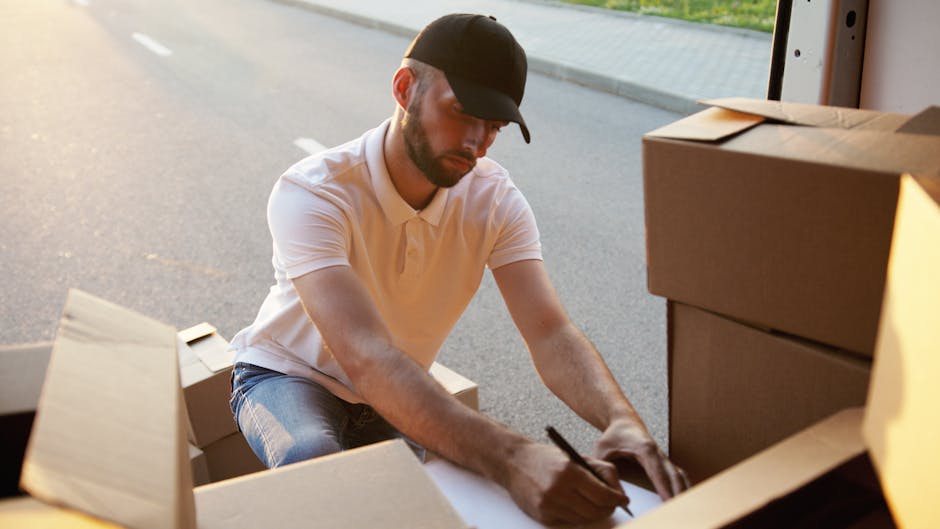 A person wearing a white short-sleeved shirt is holding a clipboard with one hand while the other hand uses a pen to take notes or check items. They are standing indoors in front of stacked cardboard 
